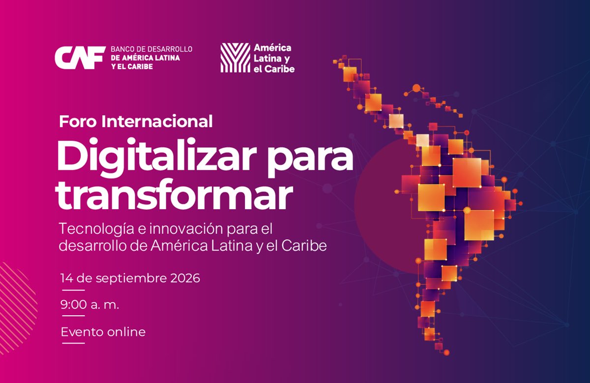 AgendaCAF's tweet photo. IA, soberanía digital, conectividad, Estado y productividad: ¿cómo convertir la transformación digital en desarrollo para la región?

CAF reúne a autoridades y expertos en el Foro Internacional Digitalizar para Transformar para discutir los desafíos que definirán la agenda digital de América Latina y el Caribe.

📅 14 de septiembre | 💻 Virtual
🔗 Regístrate:
https://t.co/ElGVvBSHmx