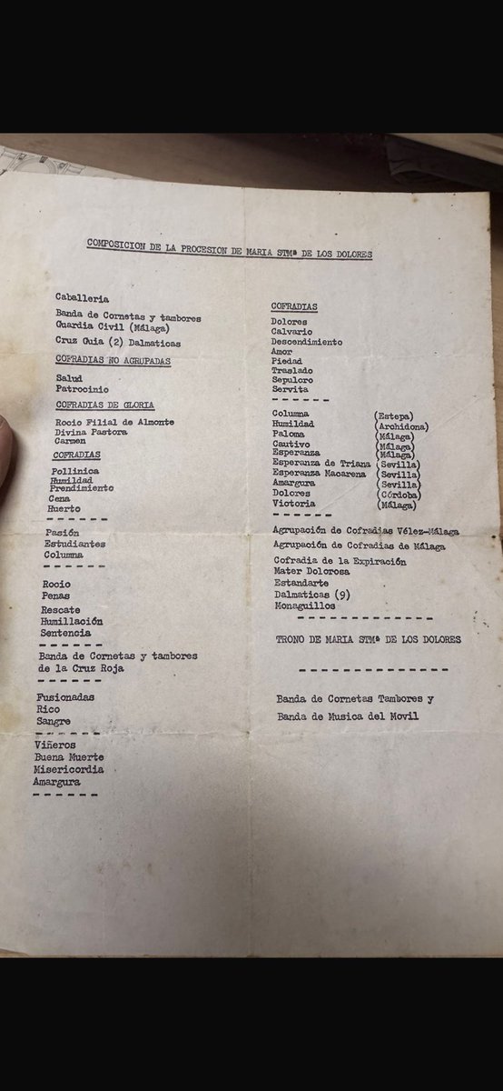 tolemufle's tweet photo. Hoy ha salido en los archivos de mi padre el orden de la procesión de regreso de la coronación canónica de la Virgen de los Dolores de @ExpiracionMlg  entre ellas figura la Macarena o la Amargura de la capital hispalense https://t.co/1FLyYcX10w