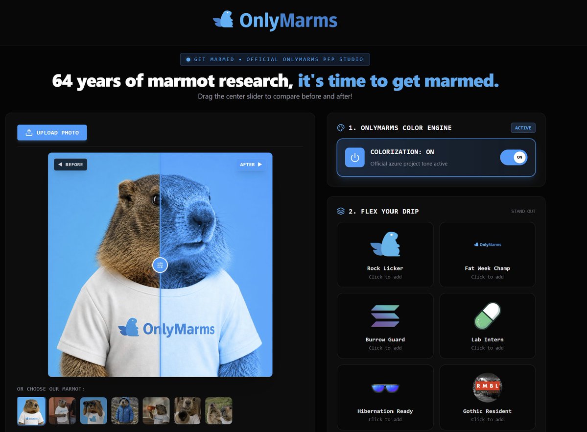 OnlyMarmsRMBL's tweet photo. 🚨 NEW TOOL ALERT 🚨

We’ve just launched a new way to get involved with OnlyMarms.

Introducing - Get Marmed 🦫

Drop in any photo, get it transformed with official OnlyMarms blue tones + RMBL research attributes - instant marmot-core avatar, zero design skills required!

This is how you show you're really in it. 

Marm up your pfp now ->
https://t.co/vqD8nPt0u5

solana:HBrfYZgeLKdSvBBGnGkvAK4563pq8oBGpgNFAaespump