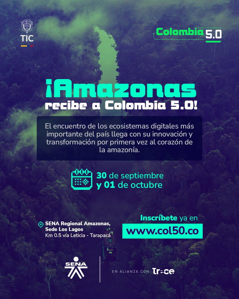 Col5punto0's tweet photo. ⏳ ¡Ya falta muy poco, Amazonas! 🌿🇨🇴

En días, Colombia 5.0 llega por primera vez al corazón de la Amazonía. Nos vemos el 30 de septiembre y 1 de octubre en Leticia.

Amazonas, prepárate. 💚 https://t.co/KRxSTkgjpI