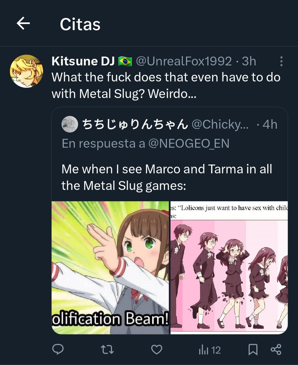 chichileelee17's tweet photo. @Marierosebanana He/him reminds me to that brasilian Metal Slug "fan/larper", that even called "The creator base (Including Akio Oyabu, Kazuma Kujo, D-Max, etc)" pedophiles on Discord and was harrassing me until I did a call-out to him https://t.co/Qn4GN9ZfzG
