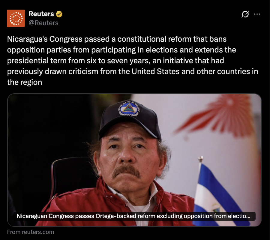 DoliaEstevez's tweet photo. Congreso de Nicaragua, controlado por la dictadura,  aprobó una reforma constitucional que prohíbe a los partidos de oposición participar en las elecciones y amplía el mandato presidencial. A esto la diplomacia cuatrotera llama "autodeterminación" de los pueblos. https://t.co/VQBu0tyTif