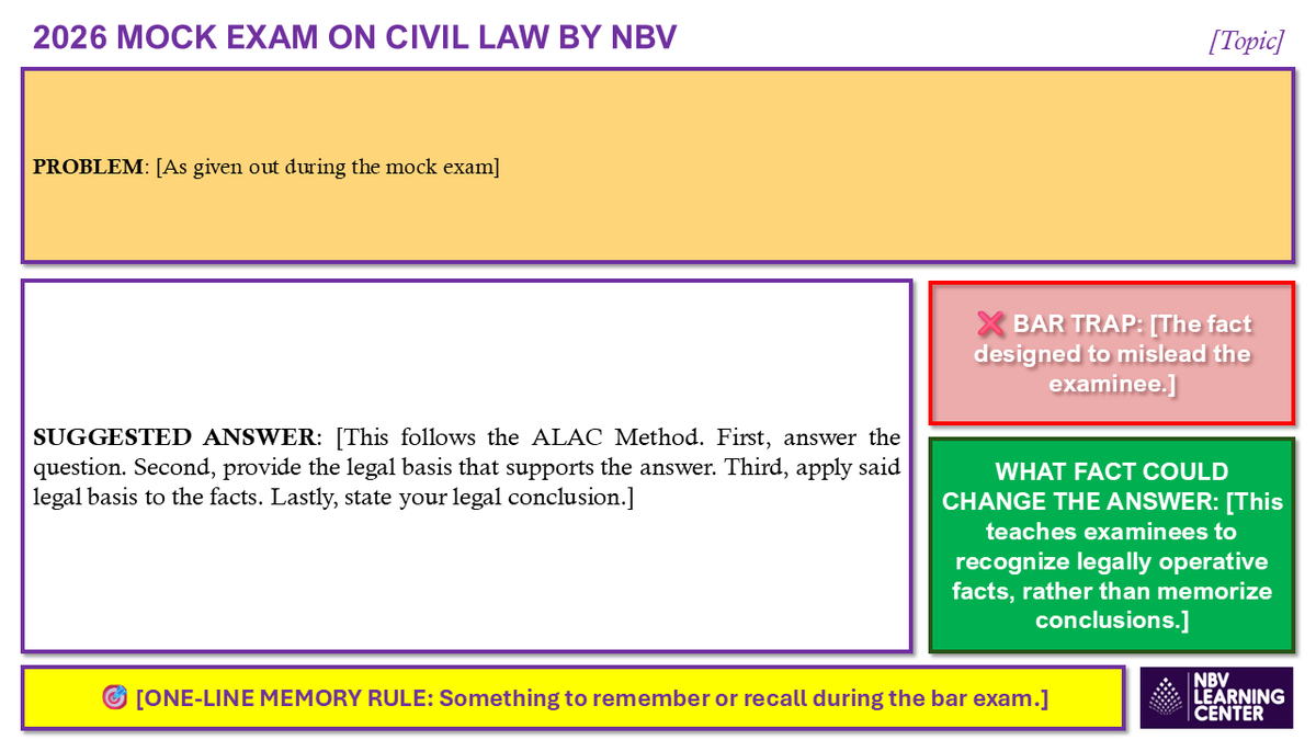 nbvneverquits's tweet photo. Suggested Answers to the 2026 Civil Law Mock Bar Exam

I am now sharing the suggested answers to all 20 problems (divided into 5 parts), together with the Bar traps, facts that could change the answer, and one-line memory rules for each problem.

As you review, don’t just ask: “Was I correct?”
Ask:
- Did I spot the issue?
- Did I avoid the trap?
- Did I state the rule?
- Did I apply it well?
- Did I conclude clearly?

You do not need to know everything. You need to make the best use of what you know when the question is already in front of you.

Read carefully. Think clearly. Trust your preparation. And when a question feels difficult, do not surrender the point before you even begin.

Fight for every point. Fight for every answer. Fight for the dream that brought you this far.

Good luck and God bless, future ATTYs! ⚖️