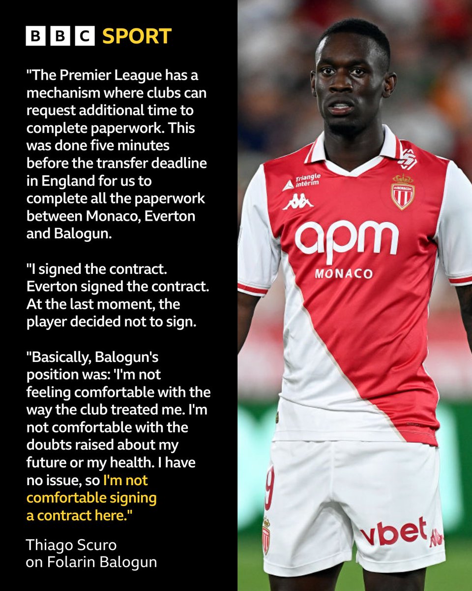 BBCMOTD's tweet photo. Folarin Balogun 'didn't feel comfortable' with how Everton treated him during his medical.

Monaco sporting director Thiago Scuro explains why the proposed move fell through in the final moments of transfer deadline day. https://t.co/rfmGd3SchV