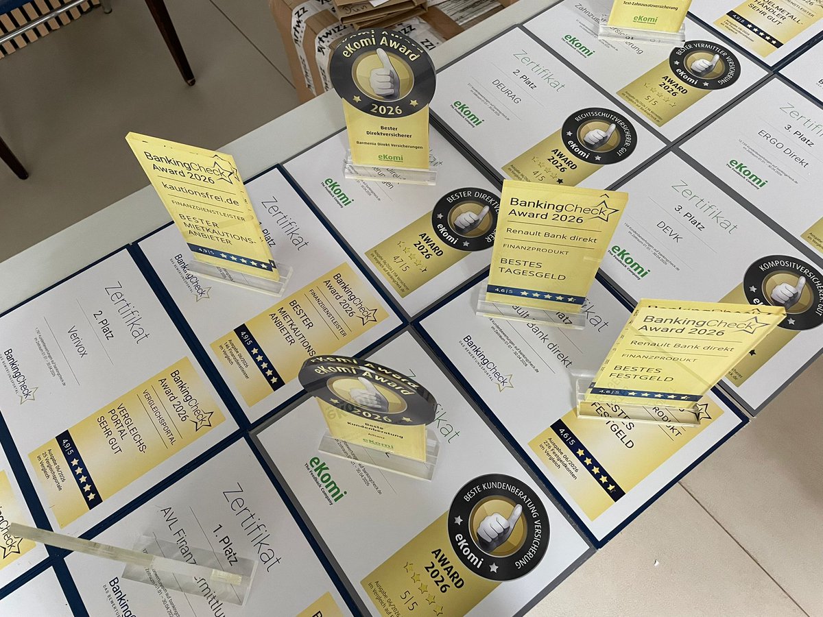 BankingCheck's tweet photo. Diese Woche war es wieder soweit - alle #BankingCheck und #eKomi #Awards wurden verpackt und an die glücklichen Gewinner verschickt. Wir gratulieren allen Gewinnern und Platzierten! #eKomiAWARD26 #BCAWARD26 https://t.co/dNZk0fczlT