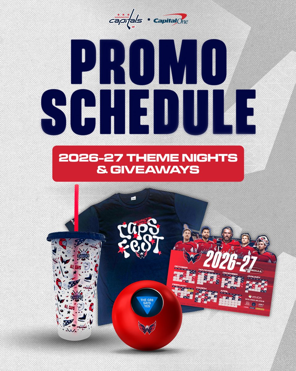 Capitals's tweet photo. Are we excited for the 2026-27 #ALLCAPS Promotional Schedule?

The #Gr8 Ball says YES 🎱

🎟️🗓️⬇️