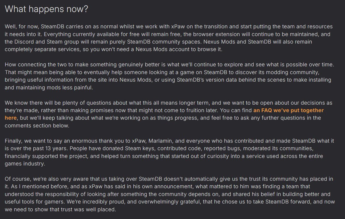 Grummz's tweet photo. SteamDB is fucked.

Nexus Mods just took over and everyone is already super concerned.

Nexus mods is known for being highly censorious and politically active on the Left. 

They apply double standards that bans conservative mods, but promotes leftist mods. 

- They've banned mods that remove body type A and B for Male and Female (until gamers pushed back in droves on Oblivion Remastered).

- They ban mods that are political, but are selective. LGBTQ activism mods are allowed, conservative ones are not.

- They banned the mod that removed pronouns from Starfield.

- They banned a BG3 mod that turned a same sex relationship into a Male/Female romance saying it was anti inclusive.

- They ban mods that remove pride flags and pronouns and same sex relationships, but ALLOW mods that add them. (Spider Man Remastered flag incident)

- They ban any costume they deems "sexy" like numerous Stellar Blade ones. Male ones seem to get a pass.

Just like wikipedia, they will absolutely taint the data and likely allow publishers to opt-out of tracking to prevent "review bombing" etc. 

Why? Not just because they are political, but they are ad supported. And where you are ad supported, publisher money talks. 

This isn't the group you want in charge of the most important game database for PC gaming.