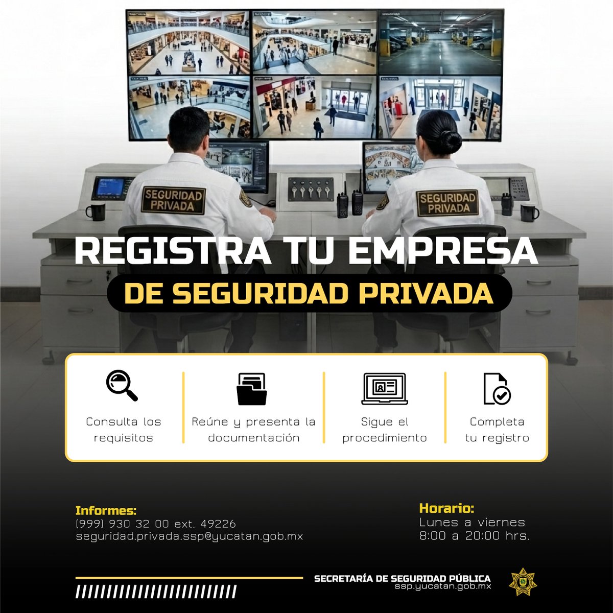 sspyuc's tweet photo. 🏢🔐 Formaliza tu empresa y fortalece la confianza de tus clientes.

Si brindas servicios de seguridad privada en Yucatán, realiza tu registro ante la Secretaría de Seguridad Pública (SSP) y opera conforme a la normatividad vigente.

📄 Consulta los requisitos, reúne tu documentación y completa el procedimiento en el siguiente enlace: https://t.co/ayGWz1uwGu

Cumplir con este proceso fortalece la certeza jurídica de tu empresa y refrenda tu compromiso con un servicio profesional y responsable.
📞 Para mayor información, comunícate al (999) 930 3200 Ext. 49226.