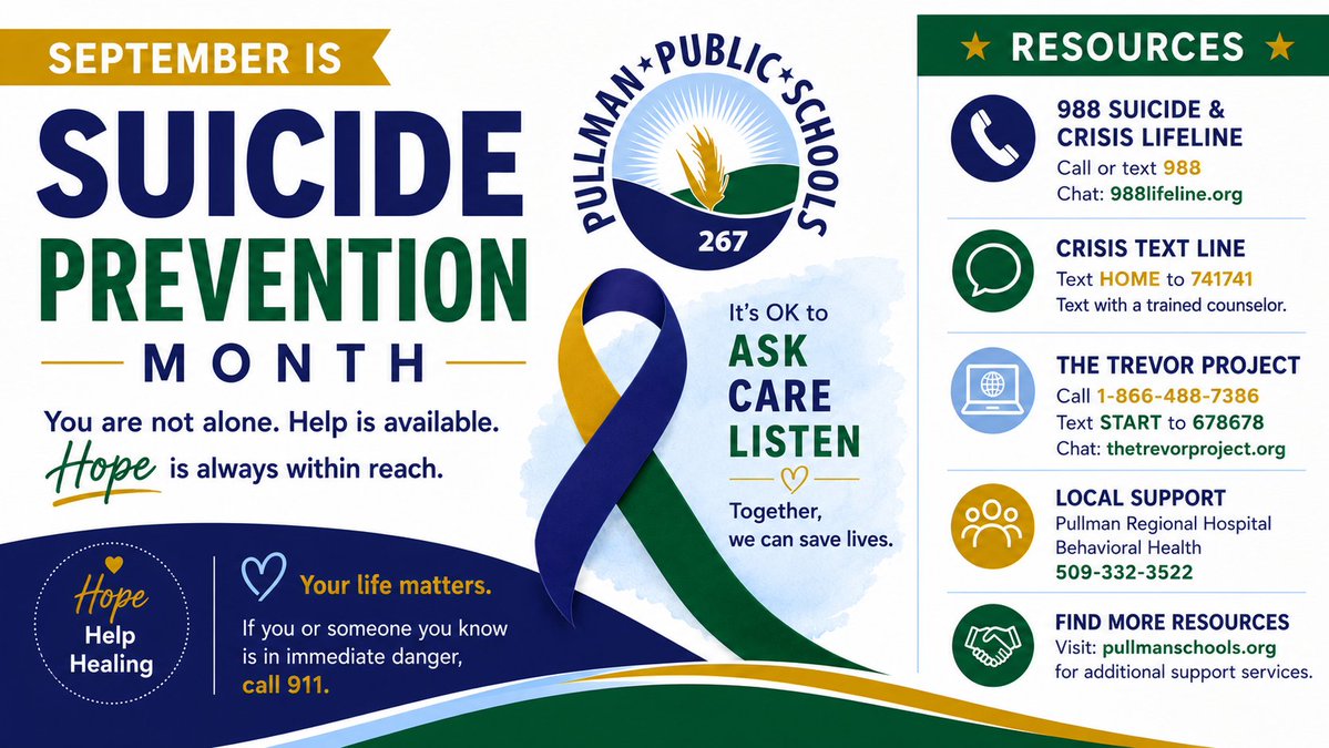 PullmanSD's tweet photo. 💜 September is Suicide Prevention &amp; Awareness Month. A kind word, a listening ear, or simply checking in can make a difference. Remember: help is available. Call or text 988 for the Suicide &amp; Crisis Lifeline. #SuicidePreventionAwarenessMonth #MentalHealthMatters #PROUD2bePSD https://t.co/g3wlsDZgAW