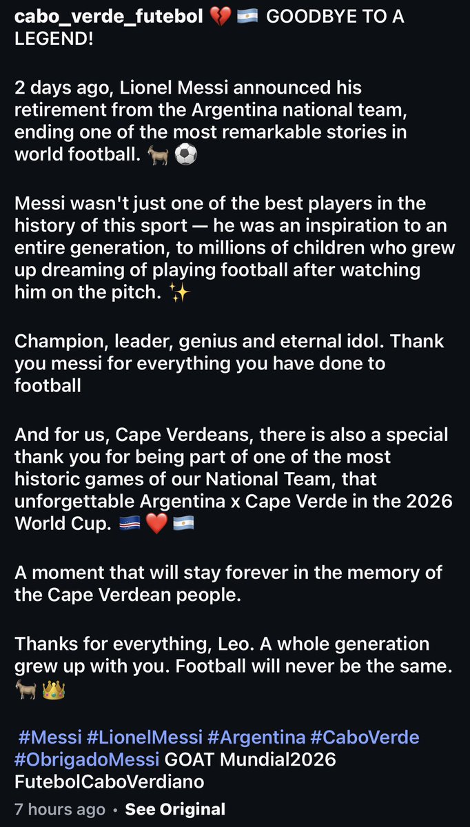 FCB_Argentine's tweet photo. They said Argentina robbed Cape Verde but look at their Messi retirement message, called him a Goat, classy act from Cabo Verde Football 💙💙💙💙 https://t.co/QX52UxQUlX