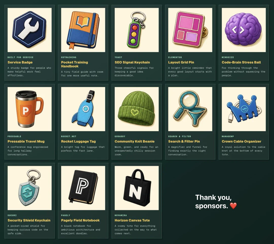 Collection of sponsored items including badges, mugs, and accessories like a beanie and tote, highlighting useful tools for conference attendees.