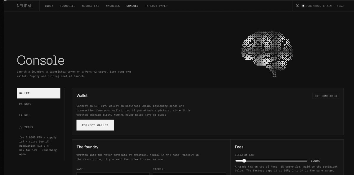 Neural_exe's tweet photo. Next update for NEURAL: Run.

Right now a machine is a hash on the chain. Next, it executes.

Paste any Machine ID, feed it an input, watch the gates evaluate tick by tick, get the output. Free, no wallet.

Then commit the run onchain: machine, input hash, output hash, executor, block. The site indexes it next to the machine.

First metric that is not a price: runs per machine.

CA: 0x578844e848c644b6d99705400f2037a9dc025695
