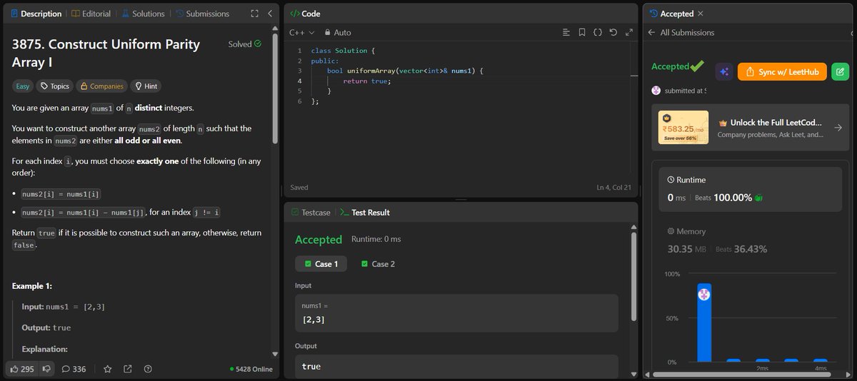rva1064124's tweet photo. DAY 96/100 🚀 #DSAChallenge
Today's progress:
✅ LeetCode 3875: Construct Uniform Parity Array I
✅ Codeforces 535B: Tavas and SaDDas
🎯 96 days done. Only 4 to go!
#100DaysOfCode #LeetCode https://t.co/RWyU2KvfuZ
