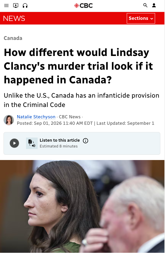 PeteBaklinski's tweet photo. How depraved has @CBC become?

Canada’s state broadcaster has a new article on Lindsay Clancy, the Massachusetts mother accused of strangling her three children, ages 5, 3, and 8 months.

CBC does not ask how a just and humane society should treat the killing of children. It asks how much easier the case would have been in Canada.

Canada already has an infanticide law: if a mother kills her own child under the age of one while her mind is “disturbed” from birth, the charge can drop to a lesser offence with a maximum of five years.

CBC’s expert then names what, in her view, is the real problem: Clancy’s two older children were past their first birthday, so the lesser charge of infanticide would not apply.

“That is a shortcoming in the Canadian law.”

This is so twisted. It is almost diabolical.

Three children are dead. And what does the state broadcaster do? It platforms the idea that the defect is not the killings: it is that Canadian law would not reduce the charge for the mother killing her two children older than one.

Friends, this is how the ground gets prepared for horrific injustices against young human lives.

First, the child in the womb is dehumanized as a “blob of tissue,” a “fetus,” or a “product of conception,” so abortion becomes acceptable.

Then, for children who are inconvenient after birth, they become a special legal category through infanticide laws that do not recognize their full humanity.

And, as CBC ruthlessly highlighted, the “shortcoming” is that toddlers are still treated as victims of murder.

CBC did not say “post-birth abortion.” It did not have to. It treated more leniency after birth as the civilized position—and the age limit as the thing that needs fixing.

When a state broadcaster speaks this way, it is not just covering a trial. It is softening the public for what comes next.