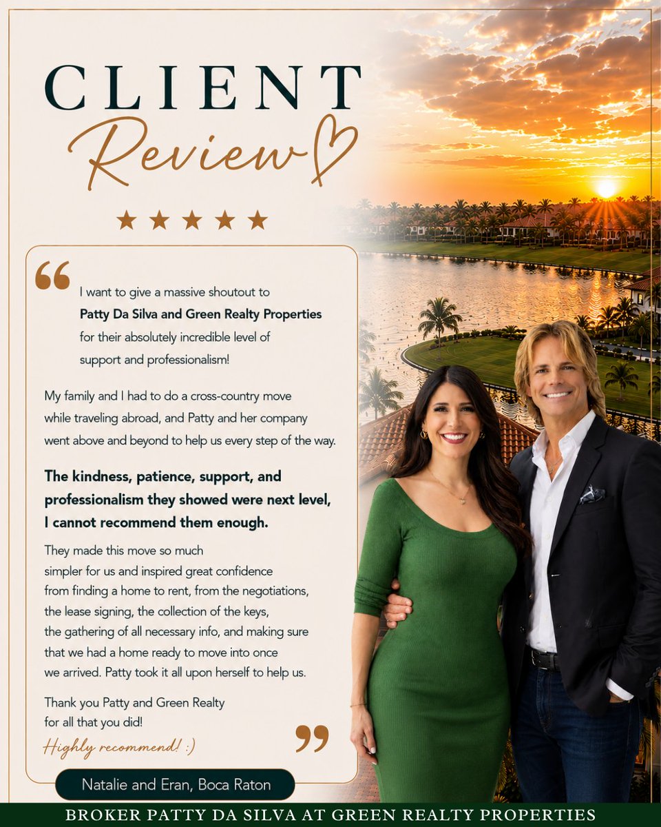 GreenRealtyFL's tweet photo. Some clients are across town, others are thousands of miles away. Natalie and Eran trusted us with their move to Boca Raton, and we handled things from here. #PattyDaSilvaTeam #GreenRealtyProperties #SouthFloridaHomes https://t.co/gXtOPZV7qr