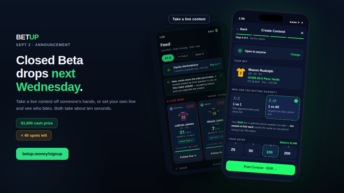 RedericYoung's tweet photo. Been a min. Went from “heads down building” to “heads down changing diapers” to “wait, I can do both?” Turns out yeah. Locked back in.

Anyway: BetUp is officially ready for Closed Beta. Under 40 spots left, and there's a $1,000 cash prize for whoever ends up with the highest balance! Kicks off next Wednesday and runs through Week 4 of the NFL season, so you've got time to figure out and make some coin.

Spots are limited, sign up here: https://t.co/8ZuLZI4IY6