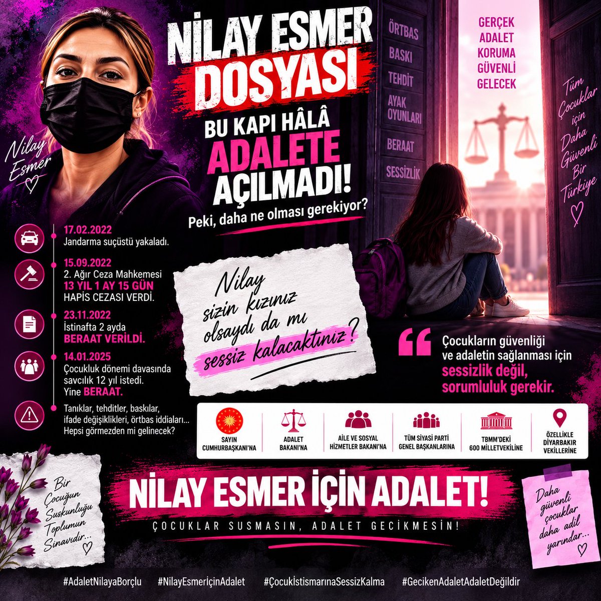 AresHoca_'s tweet photo. NİLAY ESMER DOSYASINA DAHA NE KADAR SESSİZ KALACAKSINIZ.? 

Sayın Cumhurbaşkanı’na, Adalet Bakanı’na, Aile ve Sosyal Hizmetler Bakanı’na, tüm siyasi parti genel başkanlarına,TBMM’de görev yapan 600 milletvekiline ve özelliklede Diyarbakır vekillerine sesleniyorum:
Nilay Esmer dosyasını;
Görün.! 
Dinleyin.! 
İnceleyin.!
Bu dosyaya daha fazla duyarsız kalmayın.

Jandarma bir baba ile kızını araçta uygunsuz vaziyette tespit etti. Nilay ilk beyanında babasının kendisine yönelik cinsel saldırılarından söz etti. Diyarbakır 2.Ağır Ceza Mahkemesi 13 yıl 1 ay 15 gün hapis cezası verdi. Sonrasında istinafta 2 AYDA beraat kararı çıktı. Çocukluk dönemine ilişkin ayrı davada SAVCILIK 12 YIL HAPİS CEZASI TALEP ETMESİNE RAĞMEN yine beraat kararı verildi.

Biz ayrıca Nilay’ın ifadelerinin tehdit ve baskılarla değiştirilmek istendiğini, dosyanın çeşitli girişimlerle etkisizleştirilmeye çalışıldığını aylardır söylüyoruz. Bunların tümünün hiçbir şüphe bırakmayacak şekilde araştırılmasını istiyoruz.

Şimdi sizlere soruyorum:
Nilay sizin kızınız olsaydı yine bu kadar sessiz kalabilir miydiniz.? 
Bir babanın jandarma suç üstülü bir cinsel saldırısını “RIZA” kavramıyla açıklamak hangi toplumsal vicdana, hangi insani değere sığar.? Toplumun ahlaki değerlerinde de aile kavramında da bunun normalleştirilebileceği bir yer yoktur.

Makamınız, partiniz, siyasi görüşünüz ne olursa olsun mesele bir insanın yaşamı, onuru ve adalete erişimidir.

Dosyanın bütün delilleriyle, bütün tanıklarıyla, baskı ve örtbas iddiaları da dahil olmak üzere eksiksiz incelenmesini istiyoruz.

Sessizlik cevap değildir.
Nilay’ı görün.!
Nilay’ı duyun.!
Adaletin gereğini yapın.! 

#AdaletNilayaBorçlu 🥀
#NilayEsmerİçinAdalet 🥀
#GecikenAdaletAdaletDeğildir 
#SkandalKararlaraİtirazımızVar
#ÇocukİstismarınaSessizKalma 

@RTErdogan @abakingurlek  @MahinurOzdemir @tcbestepe @adalet_bakanlik @tcailesosyal 
@TBMMresmi  @TCYargitay @HSKKurumsal @Akparti @DEMGenelMerkezi @TulayHatim 
@tuncerbakirhan @yenipartiyiz @eczozgurozel @herkesicinCHP @MHP_Bilgi @dbdevletbahceli  @iyiparti 
@MDervisogluTR @rprefahpartisi @erbakanfatih  

@AdaletKaya_ @berdan_ozturk @CengizCandar @ceylanakcac @GalipEnsarioglu @MSTanrikulu @Halide_Turkoglu @MemetkamacKamac @mehmetsaityaz @AvSerhatEren @SevilayyCelenk @Kepoluasuna