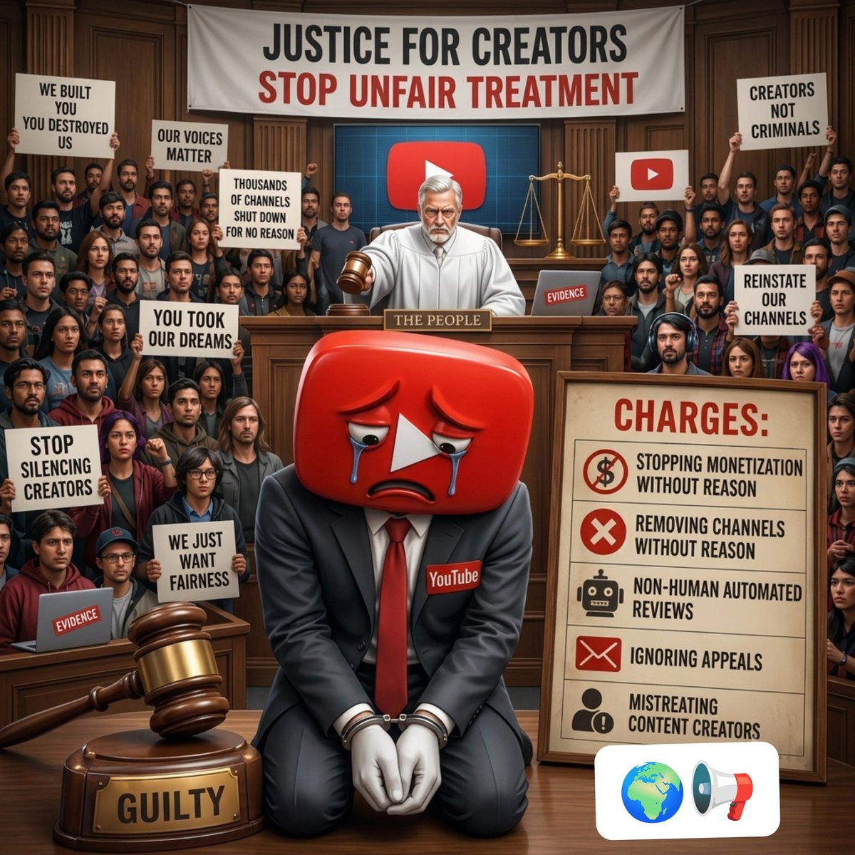 SanoHawlader's tweet photo. Subject: Justice For Creators — Stop Unfair Treatment! ⚖️

Behind every content creator is years of relentless hustle, passion, and late nights. Yet, thousands of creators wake up to find their dreams shattered overnight—channels terminated, monetization blocked, and years of hard work erased without a clear reason or human response.

We are tired of:
🚫 Monetization Stopped Without Explanation — Cutting off livelihoods with no clear justification.

❌ Sudden Channel Terminations — Deleting years of hard work in an instant.

🤖 Automated Bot Reviews — Letting algorithms decide human fates without empathy or accuracy.

📩 Ignored Appeals — Leaving creators in the dark with copy-pasted, robotic rejections.

📉 Unfair Treatment — Treating dedicated content creators like policy violators instead of partners.

Platforms are built on the backs of creators. Without creators, there is no community, no engagement, and no platform. We are NOT asking for special privileges—we are demanding basic human review, procedural transparency, and fair treatment! 🤝

​It’s time for platforms to listen:
✅ Bring back human review teams for appeals.
✅ Provide clear, actionable reasons for penalties.
✅ Stop silencing the voices that built your success.

If you have ever been affected by unfair automated bans or stand with independent content creators, RETWEET, share your story in the comments, and amplify this message! 

🌍📢🔥

​📌 Join the movement:
#JusticeForCreators #StopUnfairTreatment #YouTubeCreators #ReinstateOurChannels
@fcc #StopSilencingCreators #FairnessForCreators #ContentCreators
#youtube
@youtube