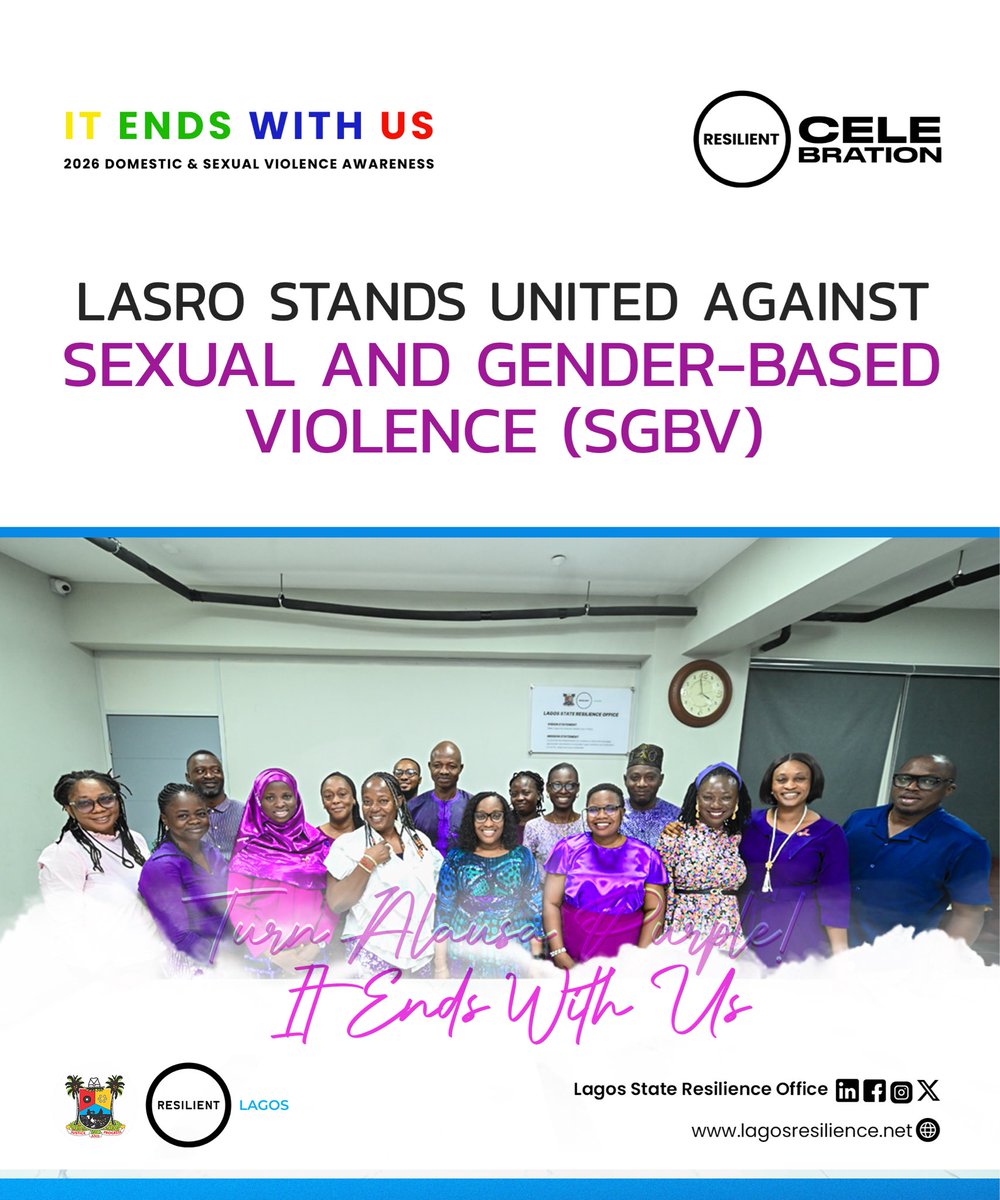 lagosresilience's tweet photo. The Lagos State Resilience Office (LASRO) joins the 2026 Lagos State Domestic and Sexual Violence Awareness Month campaign against Sexual and Gender-Based Violence (SGBV).

Hosted by the Lagos State Government through the Domestic and Sexual Violence Agency, the campaign highlights the collective responsibility to stand against Sexual and Gender-Based Violence and uphold the message: It Ends With Us.

If you or someone you know needs someone to talk to or support, help is available 24/7 on the Toll-Free Helpline: 08000333333.

#LASRO #LagosDSVA #SGBVItEndsWithUs #SGBVNotInMyLagos #LASG