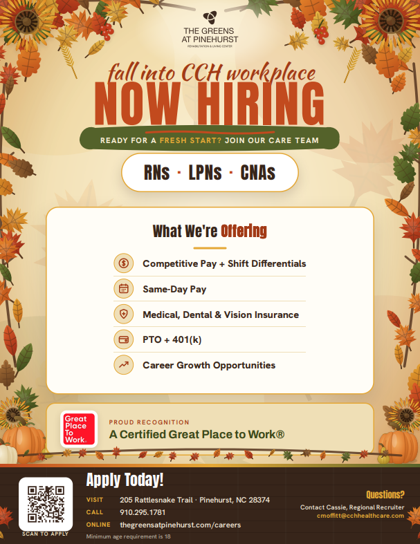 the_pinehurst's tweet photo. Ready for a fresh start this fall? The Greens at Pinehurst is now hiring RNs, LPNs, and CNAs to join our care team! Enjoy competitive pay with shift differentials, same-day pay, medical, dental and vision insurance, PTO, 401(k), and career growth opportunities. 🍁💛 https://t.co/obv4HS6izb
