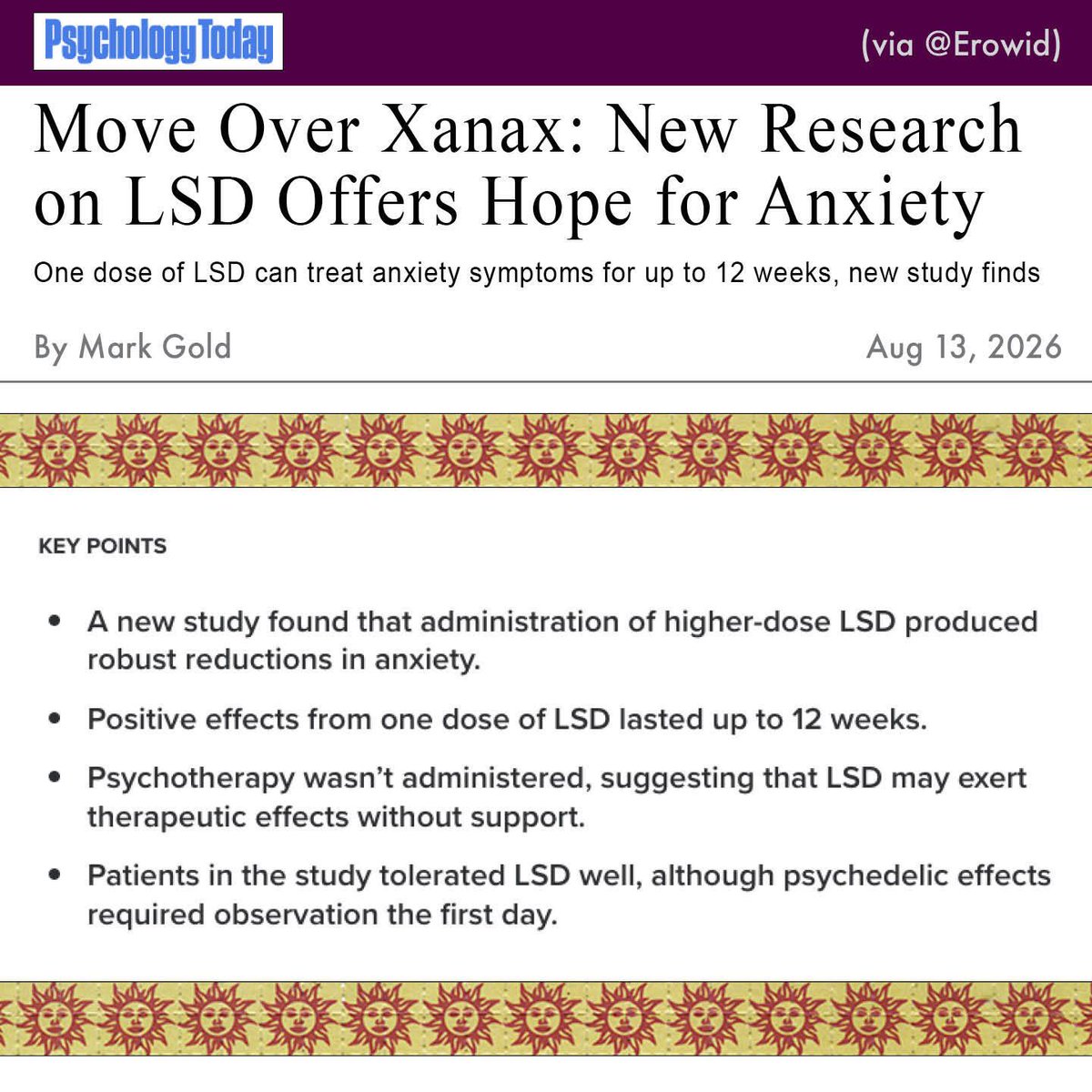 Erowid's tweet photo. New LSD study by psychedelic pharmaceutical company Definium found a 100-200 mcg dose of LSD (brand name MM120) resulted in statistically significant improvement of anxiety *without* therapy.

https://t.co/AOzwf1idg7 (overview)
https://t.co/n91lUzOSnh (study)

#Erowid
#LSD https://t.co/aqdah5sQf1