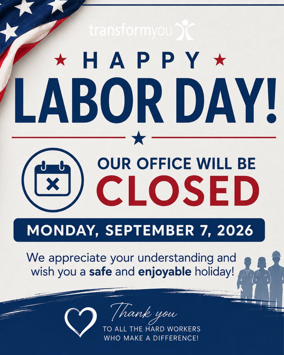transformyouaz's tweet photo. 🇺🇸 Happy Labor Day from TransformYou! 🇺🇸
Our office will be CLOSED Monday, September 7th in observance of Labor Day.
Thank you to all the hardworking people who make a difference every day!
We’ll see you back in the office Tuesday. 🇺🇸
#LaborDay #TransformYou #HappyLaborDay https://t.co/szIIkB35QM