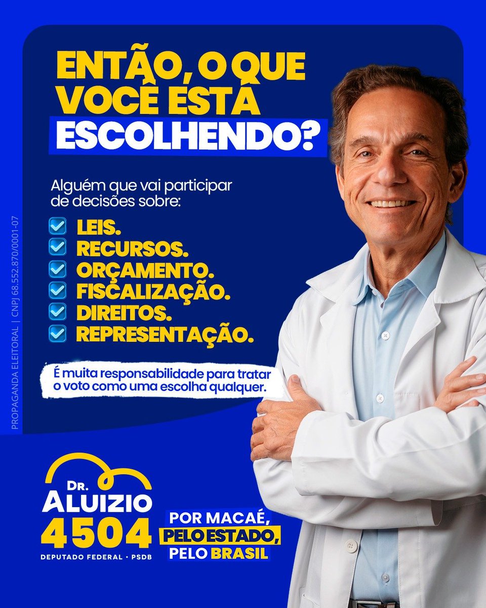 draluiziojunior's tweet photo. Seu voto para deputado federal ajuda a definir quem decide sobre leis, recursos, orçamento e fiscalização.

Você sabe o que está escolhendo? 👇

VOTE 4504 - Por Macaé, pelo Estado e pelo Brasil. 💙
PROPAGANDA ELEITORAL | CNPJ 68.552.870/0001-07 https://t.co/ciBy0ksHJQ