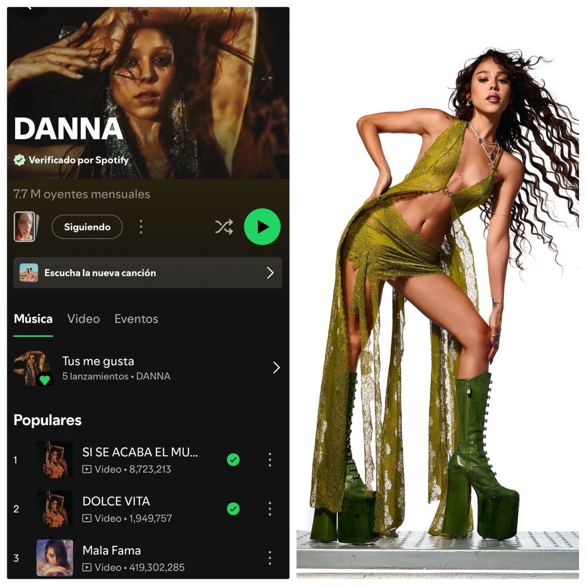 POPMUSICLATAM's tweet photo. 🚨 CASI 9 MILLONES 🚨🇲🇽

#DANNA  alcanza 7,676,021 oyentes mensuales en su nuevo perfil de #Spotify y se posiciona como la #8 artista mexicana más escuchada.

Con 1.1M del perfil viejo, Danna suma casi 8.8 MILLONES de oyentes. 🤯🔥

Y su nuevo perfil apenas tiene 4 meses. 📈 https://t.co/1HN9B1R5Q3