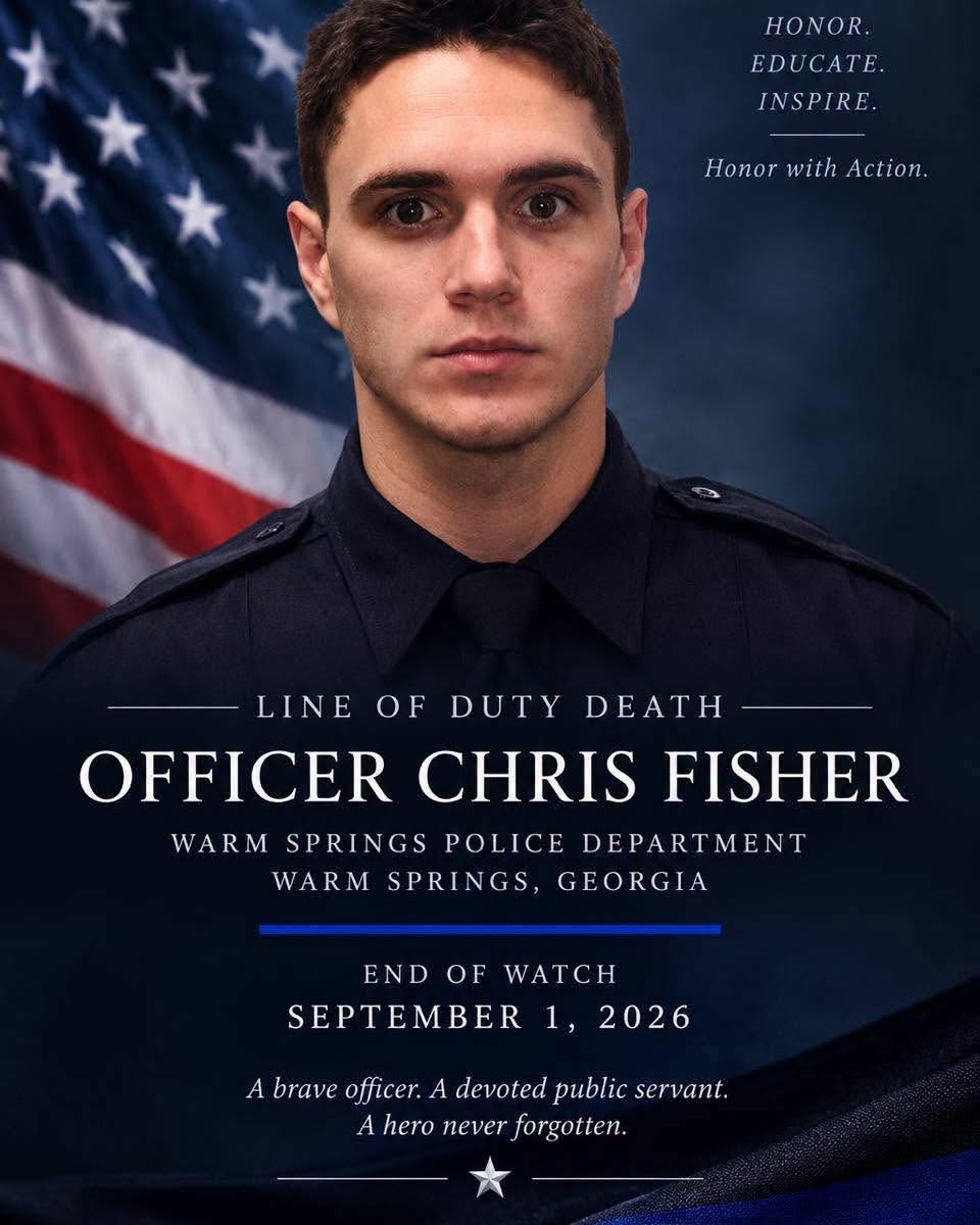 HaralsonSheriff's tweet photo. We send our deepest condolences to the Warm Springs Police Department and family of Officer Chris Fisher, who was killed in the line of duty last night. We ask that everyone join us in keeping those who are dealing with this tremendous loss in your thoughts and prayers. 

#LODD https://t.co/qZxC88CKZy