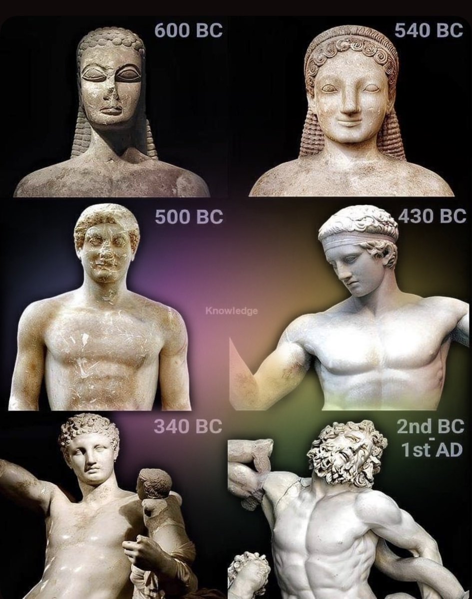 CultureExploreX's tweet photo. It took the Greeks nearly 200 years to go from rigid figures to sculptures that seemed alive.

Each generation studied what came before, improved it, and passed something better to the next.

Perhaps we need to start thinking in centuries again. https://t.co/2corpz1q1x