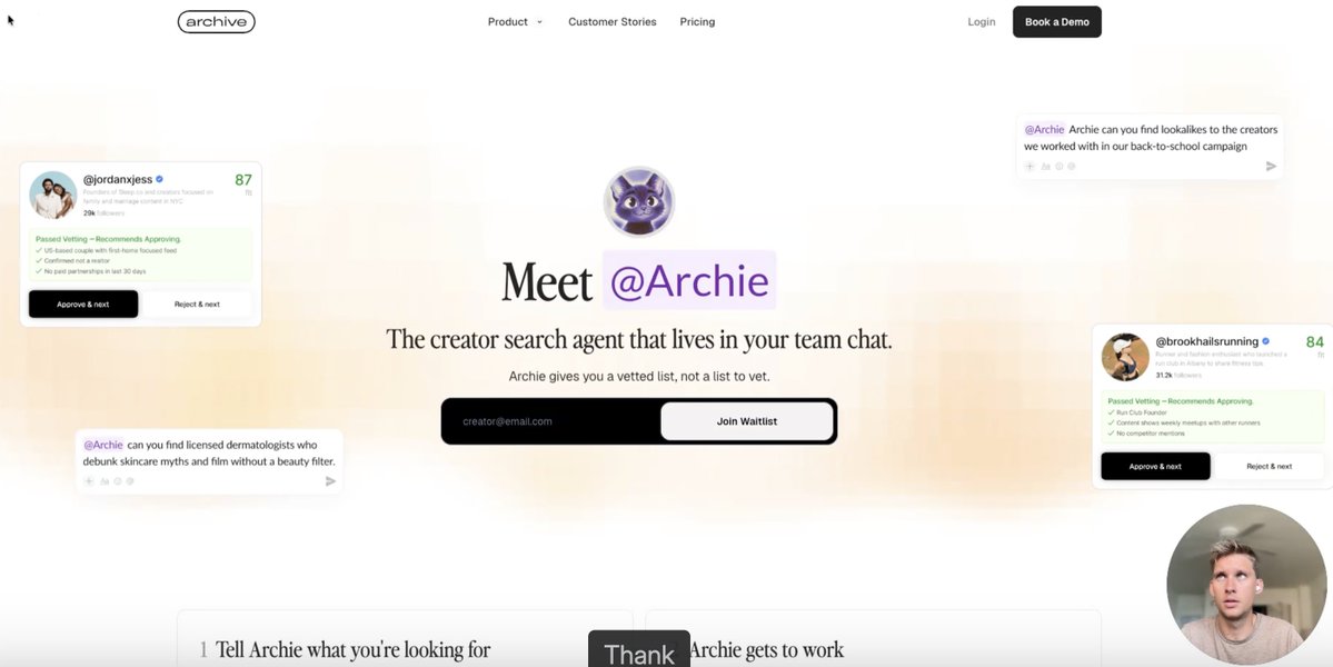 RamseyShaffer's tweet photo. A creator marketing company backed by Jake and Logan Paul just launched the same product we built this spring.

Kinda surreal:

Archive just launched "Archie"
An agent that lives in Slack and helps you find creators. 

From what I can tell you @ it with a brief, it sends a shortlist, you approve / reject

@samcarf and I shipped Scout in July. 

An agent that you can chat with or give your website and it will search / vet / send a shortlist of YouTubers with fit scores, sponsor history, etc

Similar product, same pitch.

Ours was built by a few guys with a few thousand buckets. 

It's now run more than 25K+ creator searches for brands, and facilitated more than 2K+ creator intros

Vs a company with 1K+ brands and big money from Tiger Global, Stripe, and angels from OpenAI, Ramp, DoorDash, Perplexity, etc

TBH we are not mad about it

Archive is one of the best run companies in the space. They comes up in customer interviews often. I've studied what Paul and the team puts out.

To see them land on the same answer we did feels like we are early to something happening here.

Archie covers short form (TikTok, IG, YouTube)

Scout covers long-form YouTube.

Our bet is that long-form, high consideration content is worth focusing on today.

Crazy how fast the creator tooling space is moving. 

6 months ago 'creator agents' didnt exist

Now incumbents are shipping them