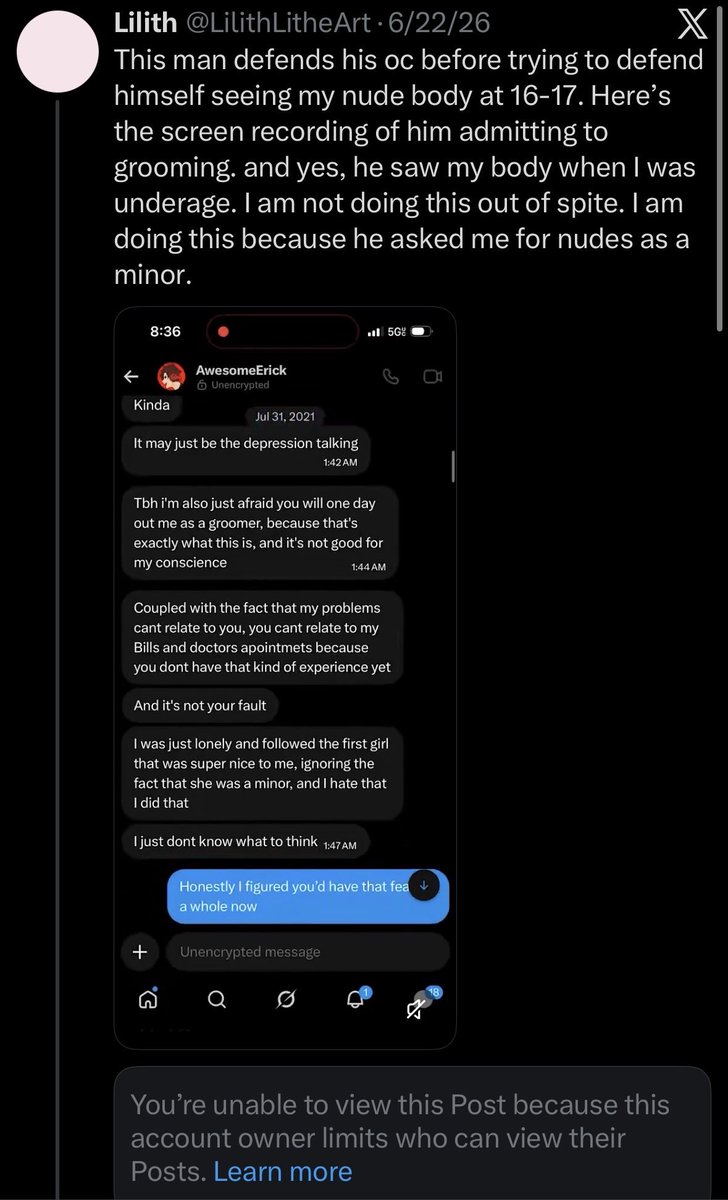 LilithLitheArt's tweet photo. Someone who’s still following him dmd me saying that he deleted his response and is hiding on his private account and P@tr30n. Here is his guilty admission just for anyone who still thinks I made all this up. He used depression as an excuse for asking a 16 year old girl for nudes https://t.co/4q7QzQ62wq
