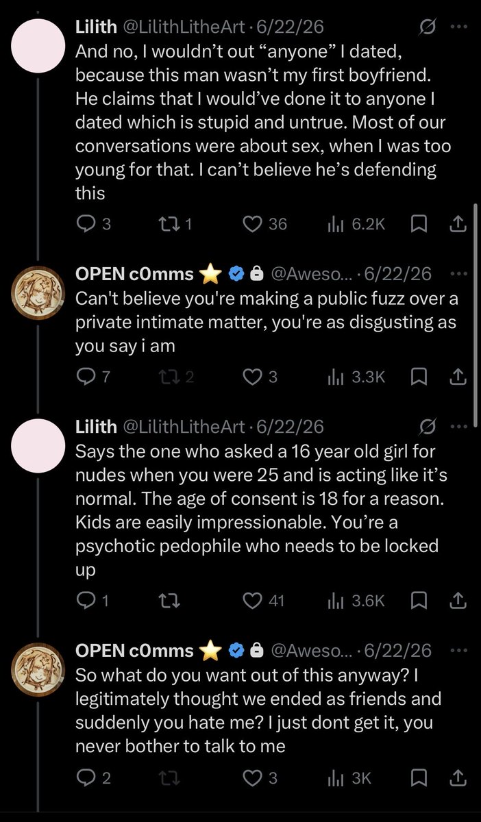 LilithLitheArt's tweet photo. Someone who’s still following him dmd me saying that he deleted his response and is hiding on his private account and P@tr30n. Here is his guilty admission just for anyone who still thinks I made all this up. He used depression as an excuse for asking a 16 year old girl for nudes https://t.co/4q7QzQ62wq