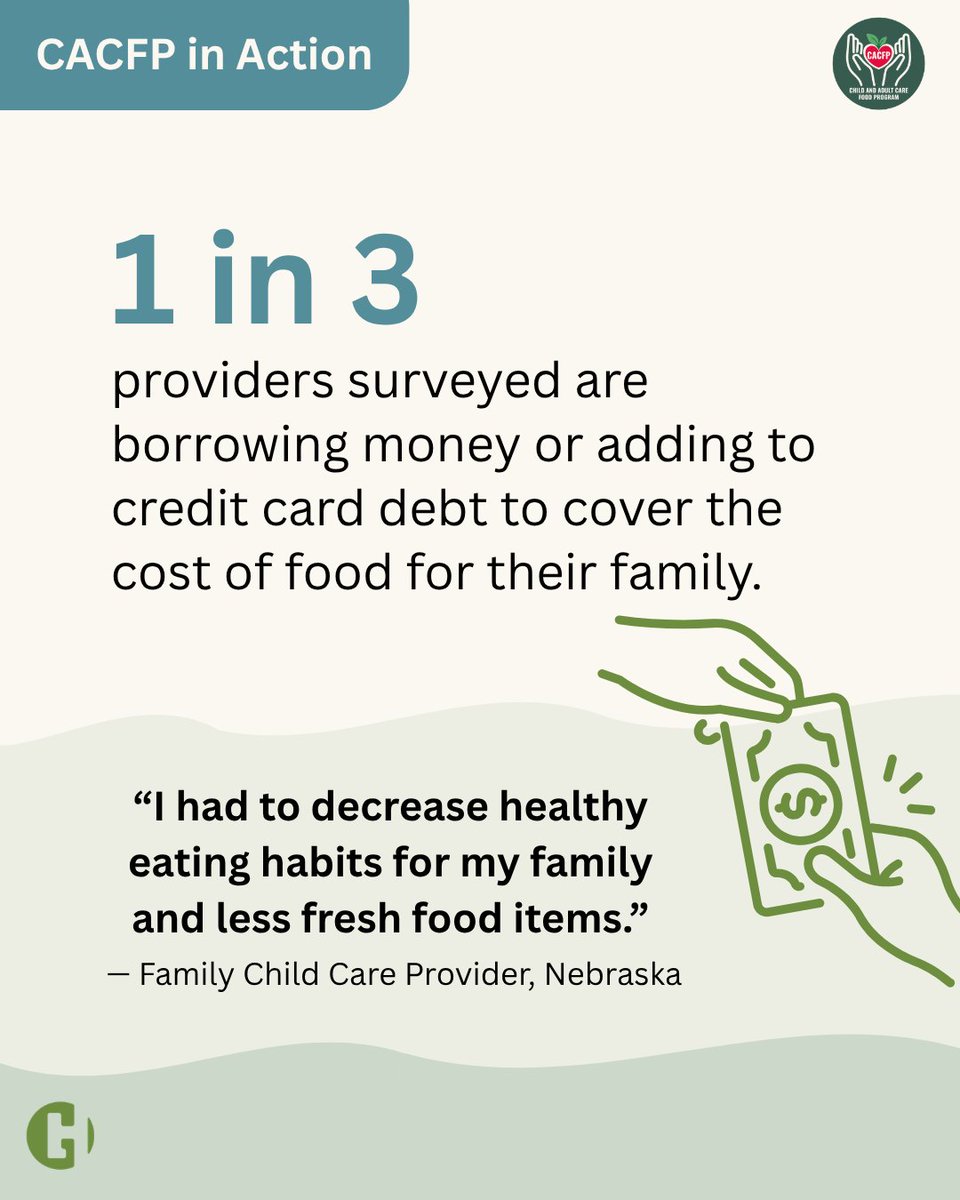 HomeGrownOrg's tweet photo. The rising cost of food and inadequate CACFP reimbursements don't just affect home-based child care providers' businesses—they affect their own families.

Home Grown's June 2026 survey found that 1 in 3 providers surveyed are borrowing money or adding to credit card debt to cover the cost of food for their family.

One family child care provider in Nebraska shared: “I had to decrease healthy eating habits for my family and less fresh food items.”

Home-based child care providers not only need to feed their own families, but also must stretch CACFP reimbursements to provide nutritious meals and snacks to the children in their care. They are doubly impacted by the pressures of rising food prices.

Providers should not have to sacrifice their own financial security or their family's access to healthy food to continue feeding the children they care for.

CACFP reimbursement rates must reflect the full cost of providing healthy meals—including the food providers purchase and the time and labor required to plan, shop for, prepare, and serve them.

Read our latest blog to learn more: https://t.co/qImMPSbqQe