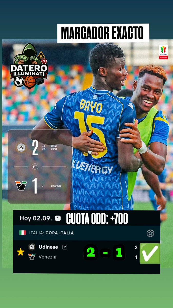 DateroIluminati's tweet photo. Marcador exacto! ¡PAID🎯✅
🔥¡Increíble predicción!💲 

Udinese 2 - 1 ✅ #odds : +700

¿Quieres acertar así? Únete recibe pronósticos ganadores +51921487932

#apuestasdeportivas #Pronósticos  #Parley #BettingTips #SportsPicks #arsenal #GanaConNosotros #bets #betsson https://t.co/y327Sg1kVZ
