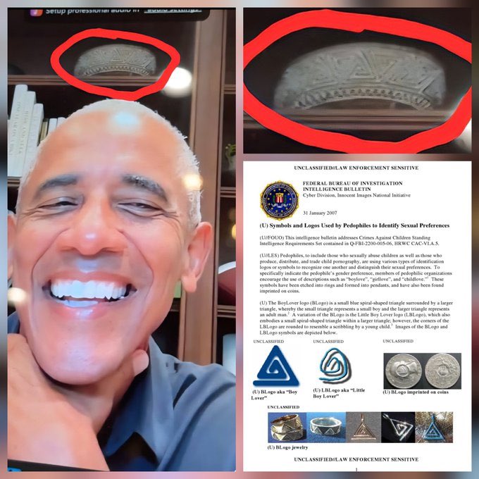 MrPool_QQ's tweet photo. 🔻Barack Obama appeared on a Zoom call today with FBI-identified pedophile symbols visible in the background.

⟁ https://t.co/8lSIJiNckz