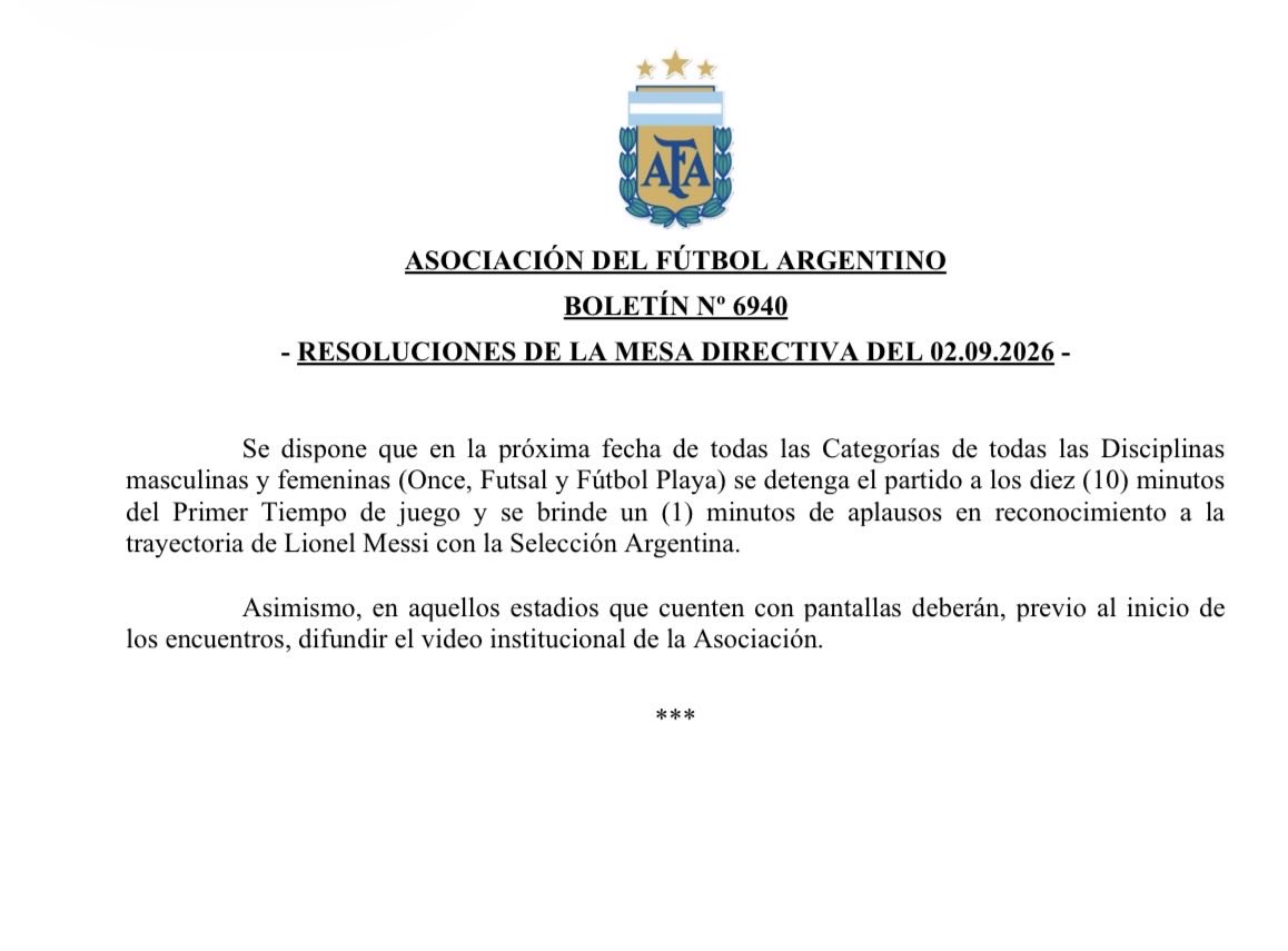 DamianAvillagra's tweet photo. El fin de semana se parara el juego en el minuto 10 y durante un minuto se aplaudirá y rendirá homenaje a la carrera de Lionel Andrés Messi en todos los Estadios y categorías del fútbol argentino. https://t.co/MKex2ERzxG