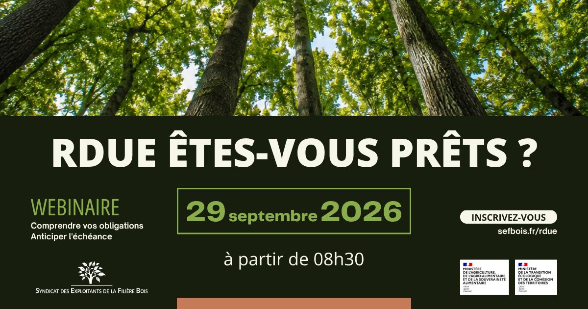 SEFBois's tweet photo. #RDUE : êtes-vous prêts pour l’échéance du 30 décembre 2026 ?
Traçabilité, diligence raisonnée, obligations : le #SEFB organise un webinaire pour répondre aux questions des professionnels de la filière forêt-bois.
📅 29/09 – 8h30
💻 En ligne
👉 https://t.co/pGCHzbYIt2 https://t.co/4kqs8sK1ZC