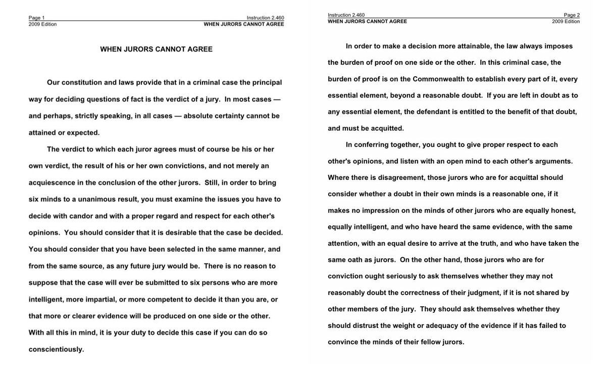 ginamilan_'s tweet photo. 🚨 The Lindsay Clancy jury is deadlocked again on Day 5 of deliberations and just received the “dynamite charge.”

The 12-person jury (9 women, 3 men) told Judge William Sullivan for the second straight day that they cannot reach a unanimous verdict.

They have now deliberated more than 27 hours over five days.

Sullivan began reading the Tuey-Rodriguez instruction, urging jurors to make one more genuine effort before a mistrial is declared.

I’ve included the Tuey-Rodriguez instructions below so you can see them for yourself. 👇