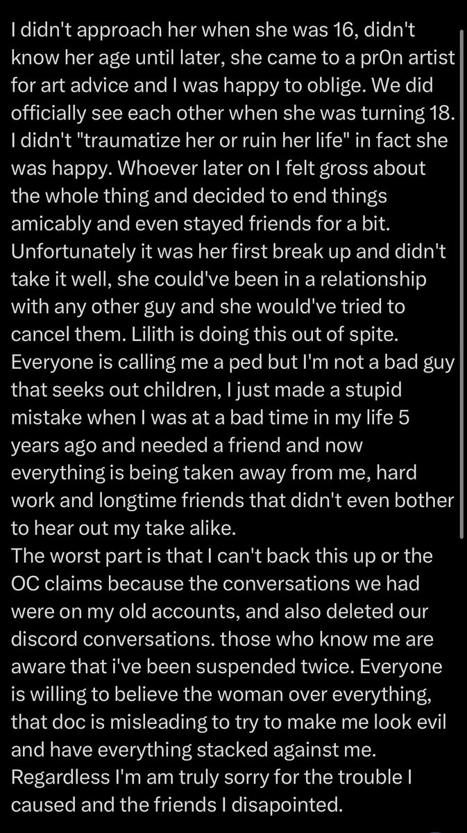 LilithLitheArt's tweet photo. Here was his original response. He wanted to defend his oc more than himself over grooming allegations. Also most of the things he said can be proven wrong in the doc, and I have screen recordings of evidence. I hate to bring this up again, but he needs to be held accountable. https://t.co/UxO47SfQUj