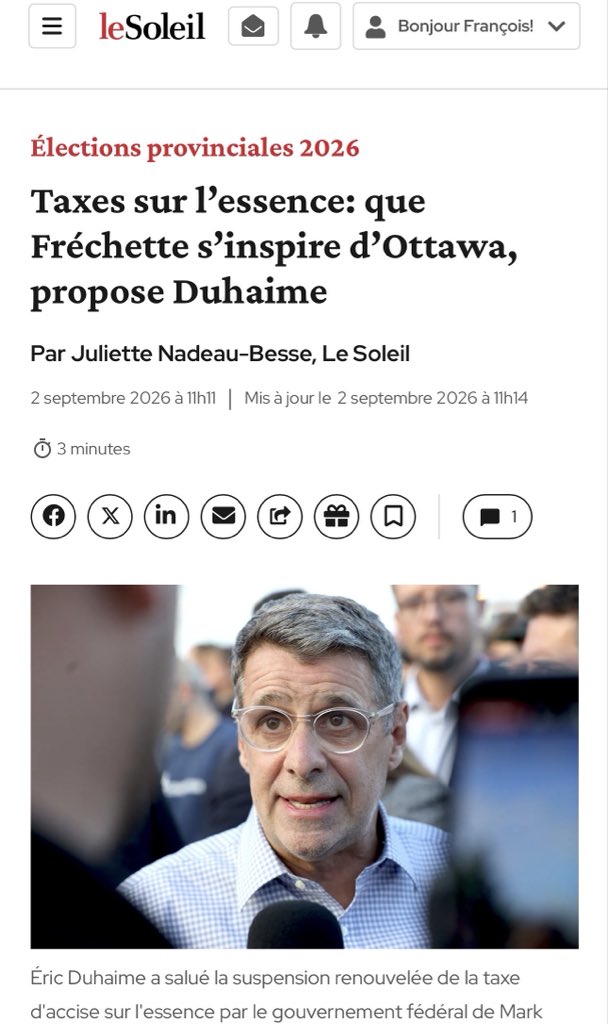 E_Duhaime's tweet photo. Le gouvernement fédéral renouvelle la suspension de la taxe d’assise sur l’essence. Une économie de 10 cents/litre. Bonne nouvelle!

La CAQ/Fréchette devrait, pour une fois, s’inspirer de Mark Carney. https://t.co/WCWvyKSYeB