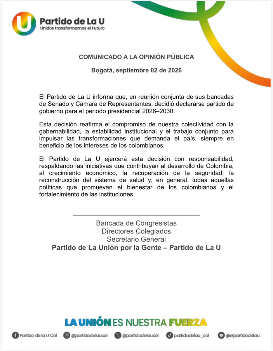 lafm's tweet photo. #Noticia | Tras una reunión de la bancada de congreistas, el Partido de la U acaba de tomar la decisión de declararse como partido de gobierno frente al presidente Abelardo De La Espriella. https://t.co/YER5EPCA99