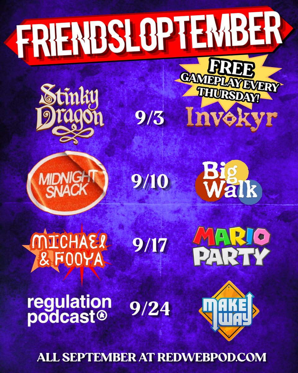 RedWebPod's tweet photo. Here's the schedule for Friendsloptember! This month we'll have FREE gameplay collabs between Red Web and our friends, posted every Thursday in September at https://t.co/JVsdmSpop5! https://t.co/iLnlJpEMBz