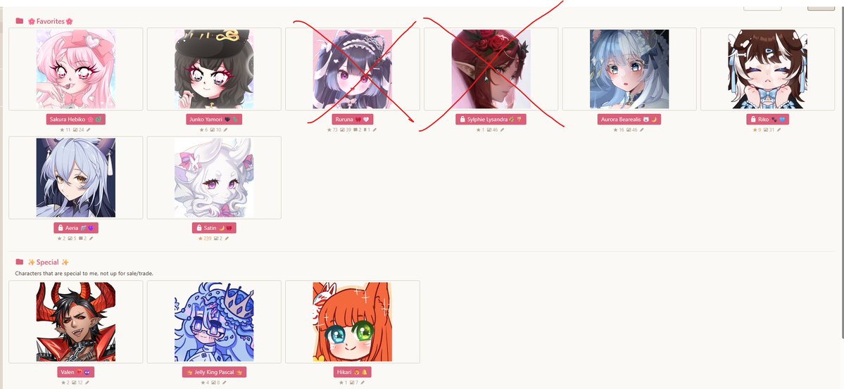 Fleurixie's tweet photo. I have decided to rebrand again after a lot of thinking. 

https://t.co/RAVZsxvWZD

I will be taking offers on the characters in the screenshot. Please note I cannot trade Riko until next week.

I am tentatively considering rehoming the reptile girls TOGETHER only. https://t.co/ehSXgrExm2
