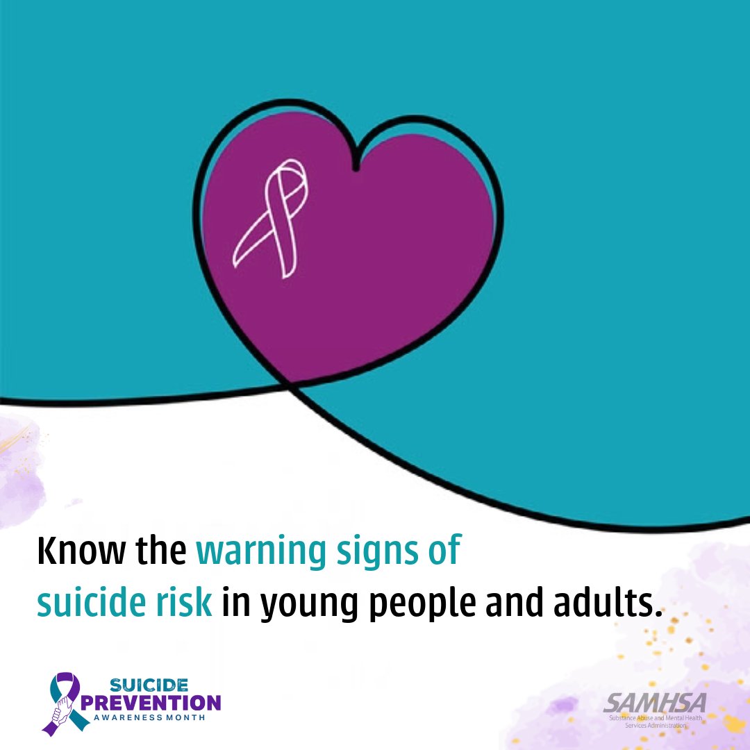 samhsagov's tweet photo. Learn the warning signs of suicide for the people in your life, and for yourself. Changes in mood, sleep, or behavior; withdrawing from others; talking about having no reason to live: https://t.co/xZxZpLPWLa
#SPM26 #SuicidePrevention #SupportMatters https://t.co/Nqko6wB2je