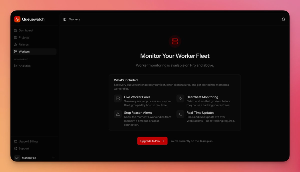 marianvpop's tweet photo. Shipping this week in @queuewatchio:  Worker Fleet monitoring 👀

• Live worker pools - every worker process across your fleet, grouped by host

• Heartbeat monitoring - catch workers that go silent before the backlog piles up

• Stop reason alerts - memory, timeout, lost connection, you'll know which

• Real-time over WebSockets - no refreshing

Landing on Pro and above.
https://t.co/F2z82dj7O2