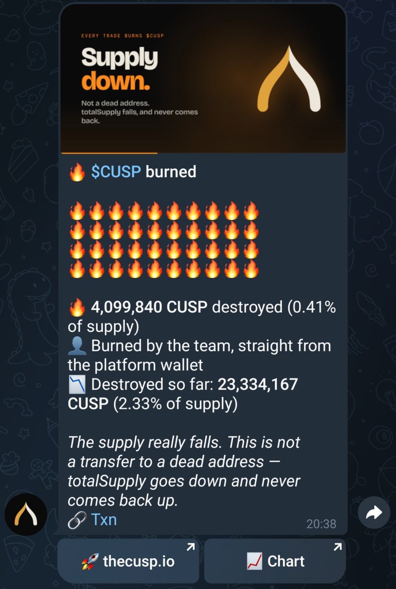 thecusp_'s tweet photo. The team has repurchased and burned more CUSP 
That makes 23,000,000 CUSP eliminated forever. https://t.co/Wo7kpjFbla