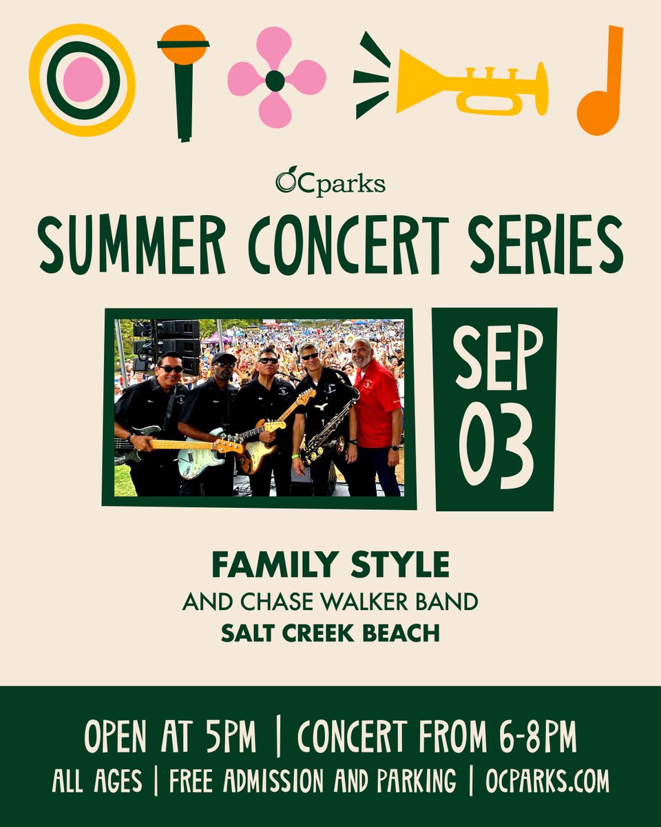 OCParks's tweet photo. Let’s make the last concert of the season one to remember! ☀️

Family Style and opener Chased Walker Band are bringing their high-energy to Bluff Park at Salt Creek Beach in Dana Point this Thursday, September 3 as we close out the OC Parks Summer Concert Series. 🎸. https://t.co/OjzDeXieQz