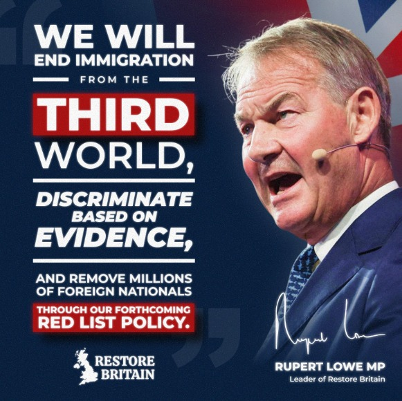 CllrKieran's tweet photo. Restore Britain will reverse the demographic replacement of Britain. 

Millions will leave, and immigration from the third world will end. 

This is the hard, unapologetic stance we need to take our country back! https://t.co/fzvGiWmTaJ