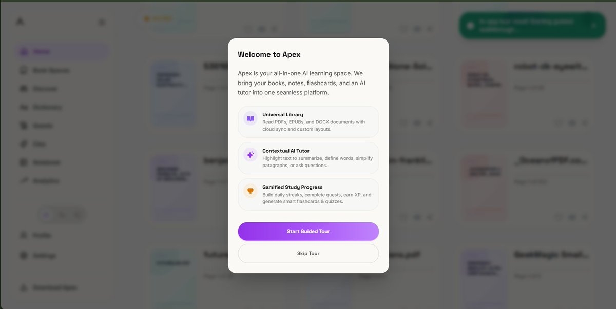 iom_future's tweet photo. Building a saas, i would advice, never leave an in-app tour, or a proper onboarding, my first mistake building @apex_app_ , Received lots of complain about how to use Apex, we decided to fix that with this smooth in-app tour, beautiful UI and flow to keep the user engaged https://t.co/VtRg60Tb0X